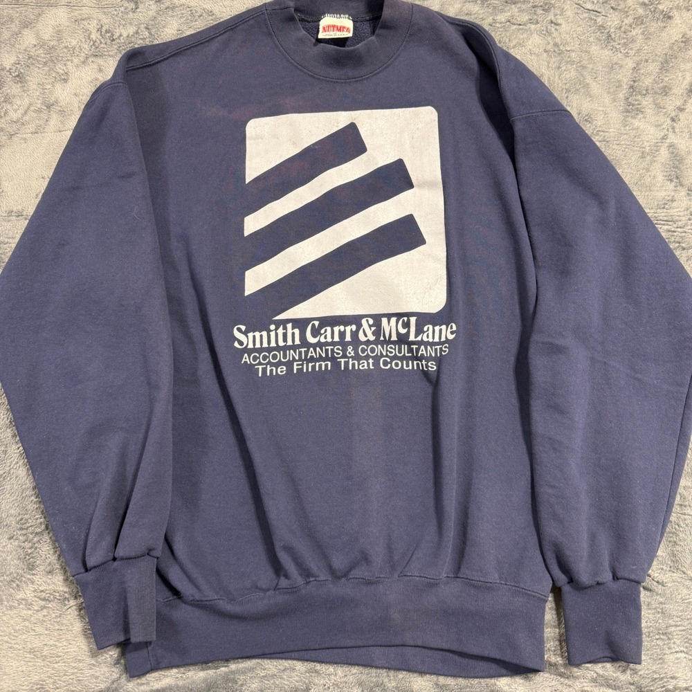 Nutmeg Mills Sweatshirt Mens XL Navy Smith Carr &‎ McLane Graphic 90s Vintage